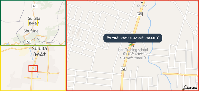 Map showing the address of ጀባ የቤት ውስጥ አገልግሎት ማሰልጠኛ in three different zoom levels.
