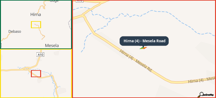 Map showing the address of Hirna (4) - Mesela Road in three different zoom levels.