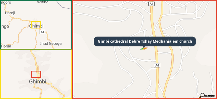 Map showing the address of Gimbi cathedral Debre Tshay Medhanialem church in three different zoom levels.