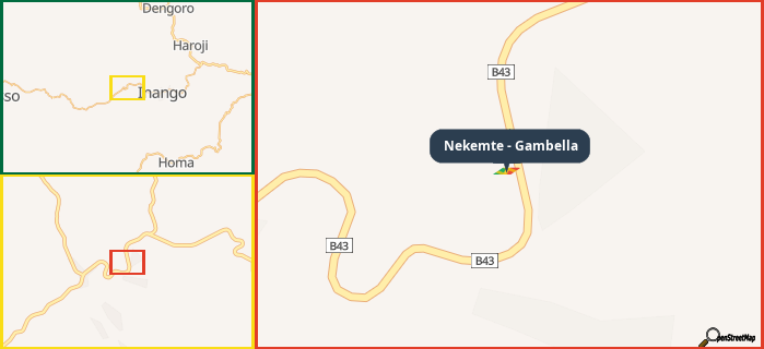 Map showing the address of Nekemte - Gambella in three different zoom levels.