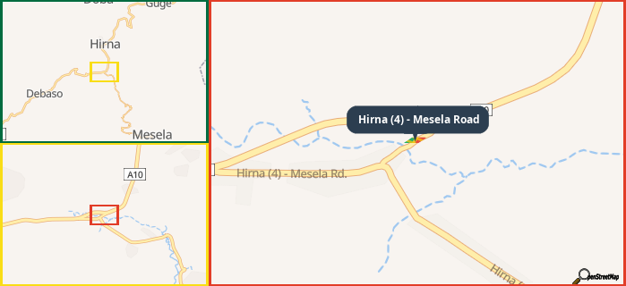 Map showing the address of Hirna (4) - Mesela Road in three different zoom levels.