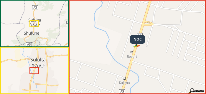 Map showing the address of NOC in three different zoom levels.