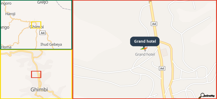 Map showing the address of Grand hotel in three different zoom levels.