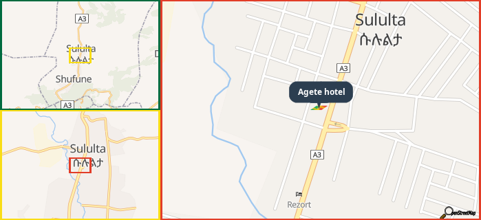 Map showing the address of Agete hotel in three different zoom levels.
