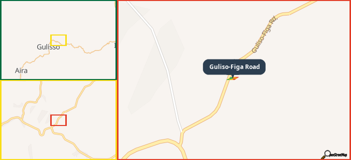 Map showing the address of Guliso-Figa Road in three different zoom levels.