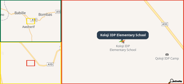 Map showing the address of Koloji IDP Elementary School in three different zoom levels.