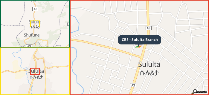 Map showing the address of CBE - Sululta Branch in three different zoom levels.
