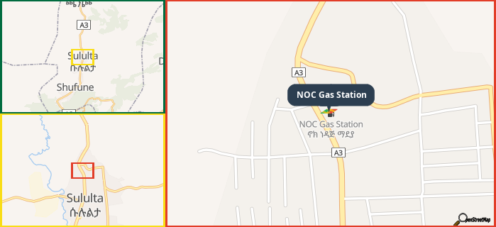 Map showing the address of NOC Gas Station in three different zoom levels.