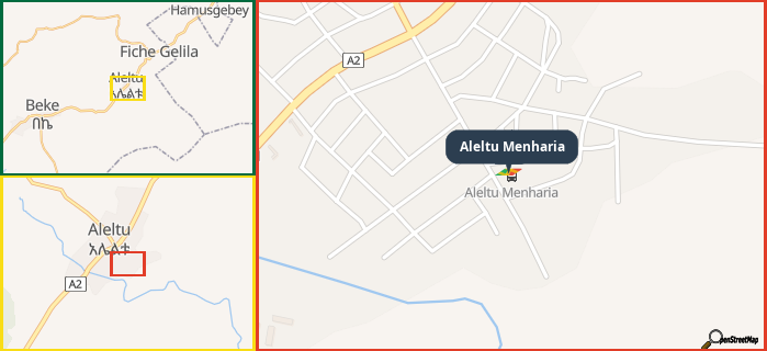Map showing the address of Aleltu Menharia in three different zoom levels.