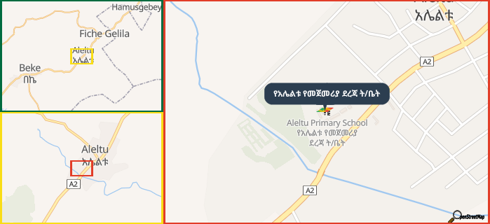 Map showing the address of የአሌልቱ የመጀመሪያ ደረጃ ት/ቤት in three different zoom levels.