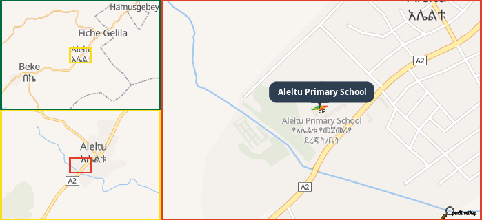 Map showing the address of Aleltu Primary School in three different zoom levels.
