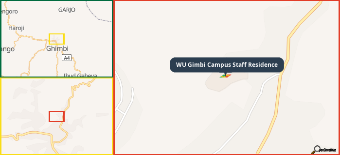 Map showing the address of WU Gimbi Campus Staff Residence in three different zoom levels.