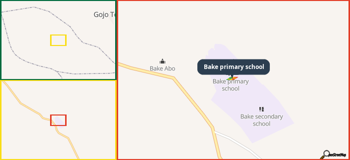 Map showing the address of Bake primary school in three different zoom levels.