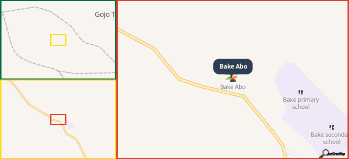 Map showing the address of Bake Abo in three different zoom levels.
