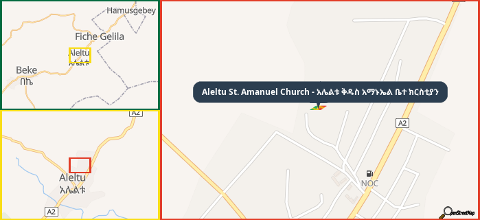 Map showing the address of Aleltu St. Amanuel Church - አሌልቱ ቅዱስ አማኑኤል ቤተ ክርስቲያን in three different zoom levels.