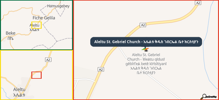 Map showing the address of Aleltu St. Gebriel Church - አሌልቱ ቅዱስ ገብርኤል ቤተ ክርስቲያን in three different zoom levels.