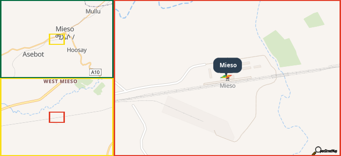 Map showing the address of Mieso in three different zoom levels.