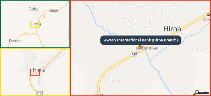 Map showing the address of Awash International Bank (Hirna Branch) in three different zoom levels.
