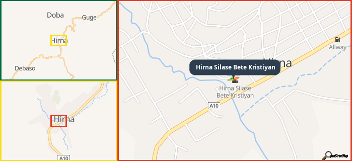 Map showing the address of Hirna Silase Bete Kristiyan in three different zoom levels.