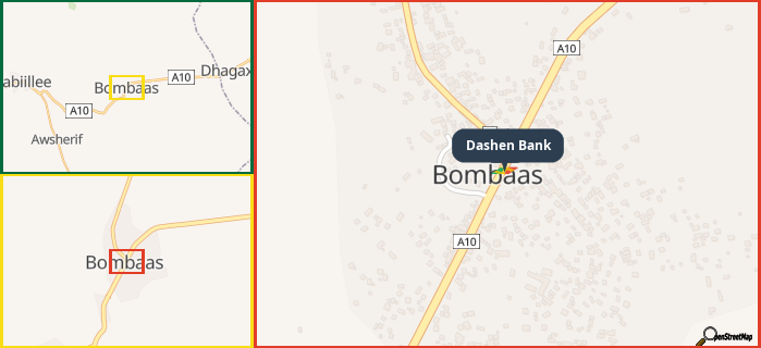Map showing the address of Dashen Bank in three different zoom levels.