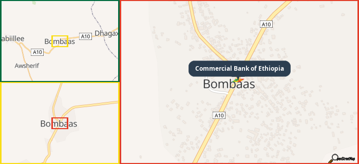 Map showing the address of Commercial Bank of Ethiopia in three different zoom levels.