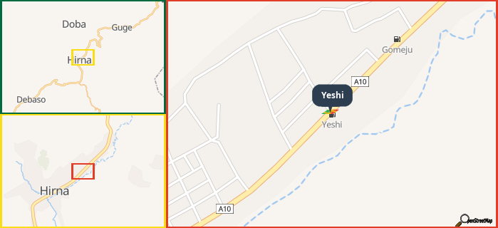 Map showing the address of Yeshi in three different zoom levels.