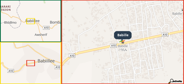 Map showing the address of Babille in three different zoom levels.