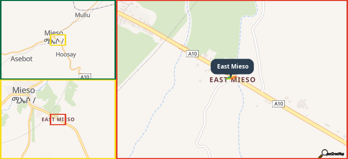Map showing the address of East Mieso in three different zoom levels.