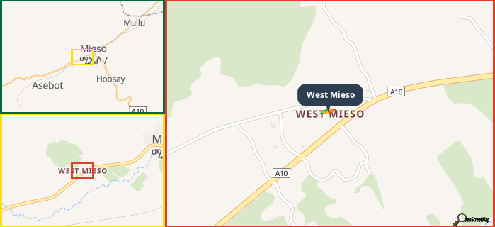 Map showing the address of West Mieso in three different zoom levels.