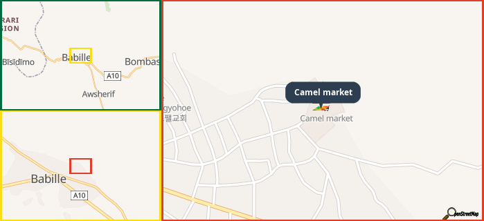 Map showing the address of Camel market in three different zoom levels.