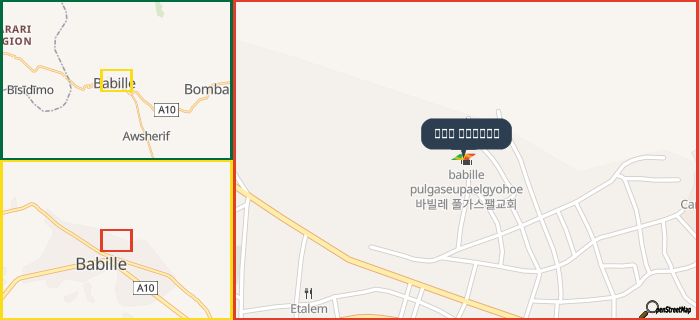Map showing the address of 바빌레 풀가스팰교회 in three different zoom levels.