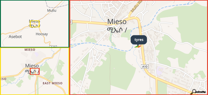 Map showing the address of tyres in three different zoom levels.