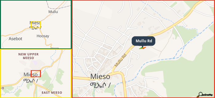 Map showing the address of Mullu Rd in three different zoom levels.