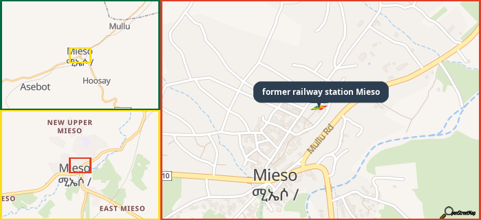 Map showing the address of former railway station Mieso in three different zoom levels.