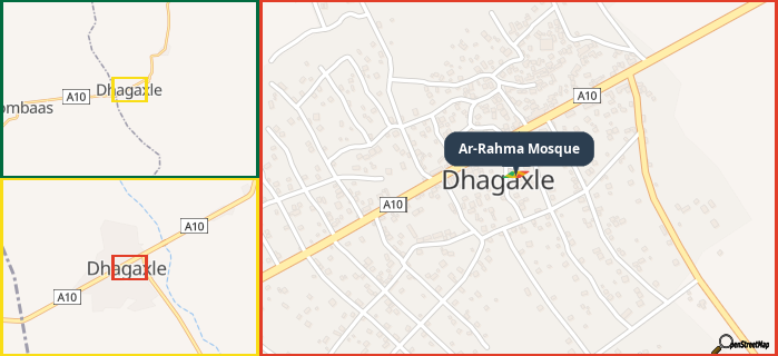 Map showing the address of Ar-Rahma Mosque in three different zoom levels.