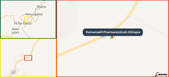Map showing the address of Humanwell Pharmaceuticals Ethiopia in three different zoom levels.