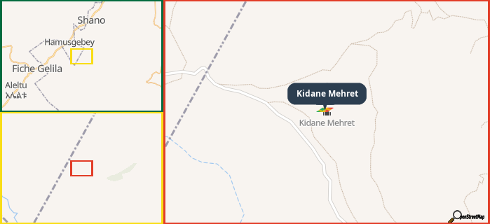 Map showing the address of Kidane Mehret in three different zoom levels.