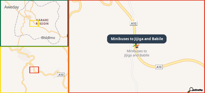 Map showing the address of Minibuses to Jijiga and Babile in three different zoom levels.