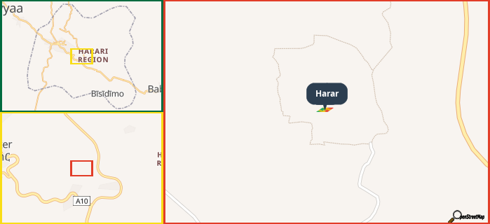 Map showing the address of Harar in three different zoom levels.
