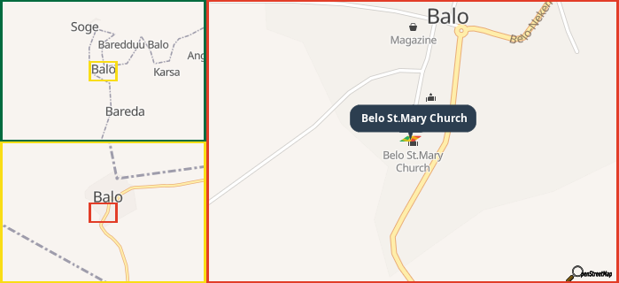 Map showing the address of Belo St.Mary Church in three different zoom levels.