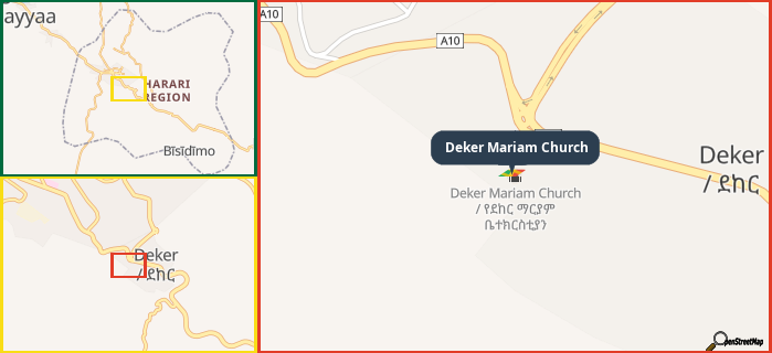 Map showing the address of Deker Mariam Church in three different zoom levels.