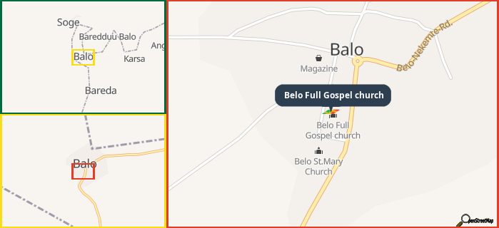 Map showing the address of Belo Full Gospel church in three different zoom levels.