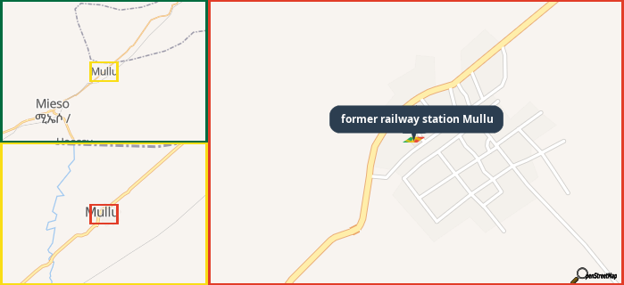 Map showing the address of former railway station Mullu in three different zoom levels.