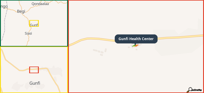 Map showing the address of Gunfi Health Center in three different zoom levels.