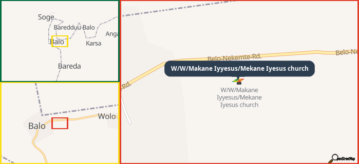 Map showing the address of W/W/Makane Iyyesus/Mekane Iyesus church in three different zoom levels.