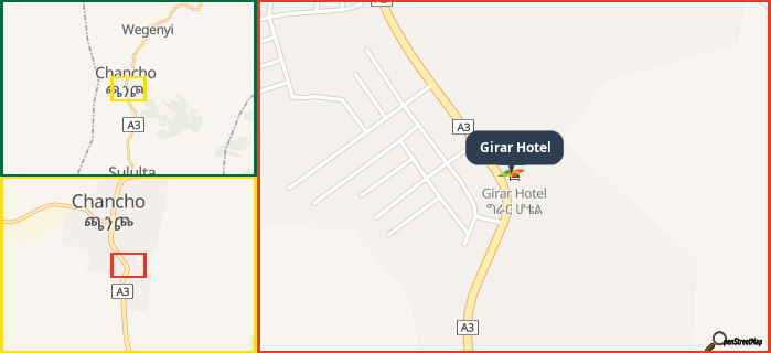 Map showing the address of Girar Hotel in three different zoom levels.