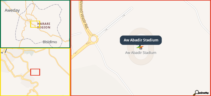 Map showing the address of Aw Abadir Stadium in three different zoom levels.