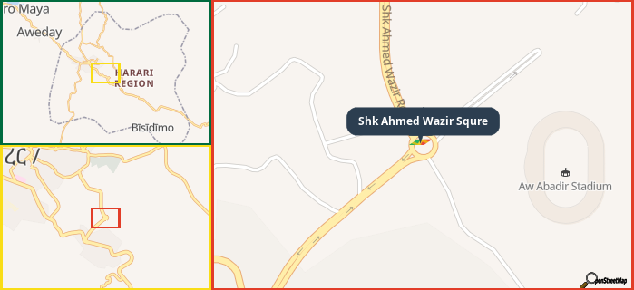 Map showing the address of Shk Ahmed Wazir Squre in three different zoom levels.