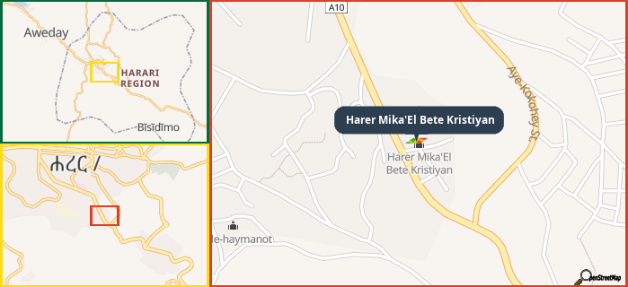 Map showing the address of Harer Mika'El Bete Kristiyan in three different zoom levels.