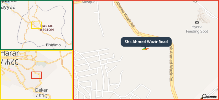 Map showing the address of Shk Ahmed Wazir Road in three different zoom levels.